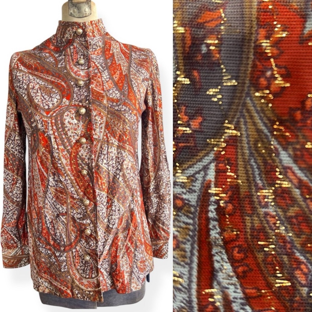 VTG 70s Lurex Paisley Metallic Button Down Top 60s